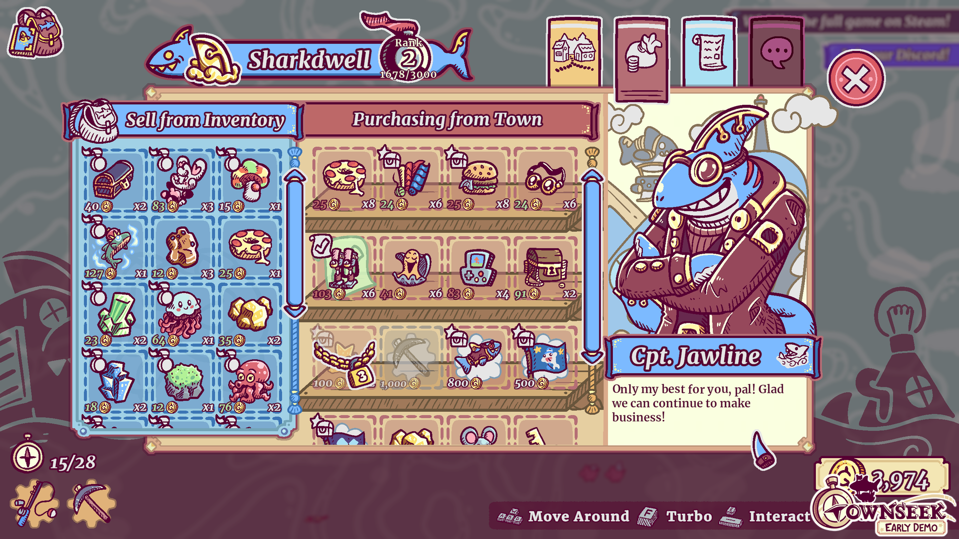 Trade with towns such as Sharkdwell to rank your reputation and unlock more items!