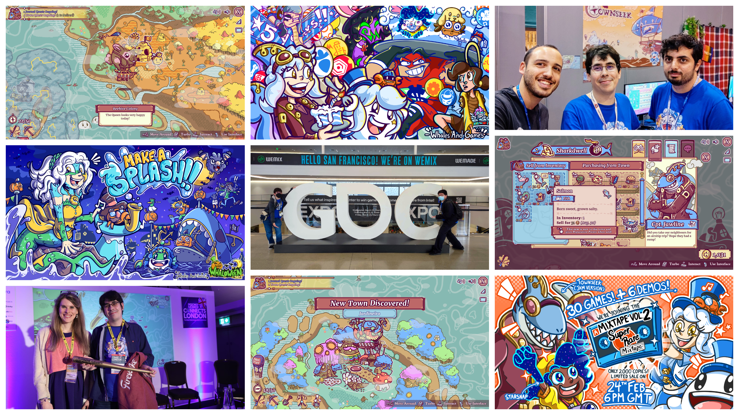 Collage of many of the Whales And Games milestones and achievements that happened during 2022. The first column starts with a screenshot from our game, Townseek, where the player’s ship is examining a beehive colony in an orange forest. It is followed by a second image featuring our Halloween artwork from this year, featuring Whalechan dressed as a Mermaid. The first column finishes with a photograph of Jorge receiving the Golden Bat for winning the Big Indie Pitch at PocketGamer Connects London at the start of the year.

The second column starts with our 5th anniversary artwork, featuring Whalechan, as well as many characters from our games. The second picture of the second column is a photograph of Jorge and Moski next to a big GDC sign from their travels to San Francisco for GDC for the first time. The second column finishes with another screenshot from Townseek, where the player’s ship is discovering the town of Jardineiro punctuated by its colourful multicoloured tree guardian.

The third column has a picture of Jorge and John (as well as José, the developer of Exophobia) in front of the Whales And Games stand for Lisboa Games Week featuring a playable version of Townseek. The second image is once again a Townseek screenshot, highlighting the trading mechanics of the game. The third column finishes with an artwork celebrating the release of the Super Rare Mixtape Vol. 2, with Whalechan highlighting the released tape together with characters from the Whales And Games games featured in the compilation.
