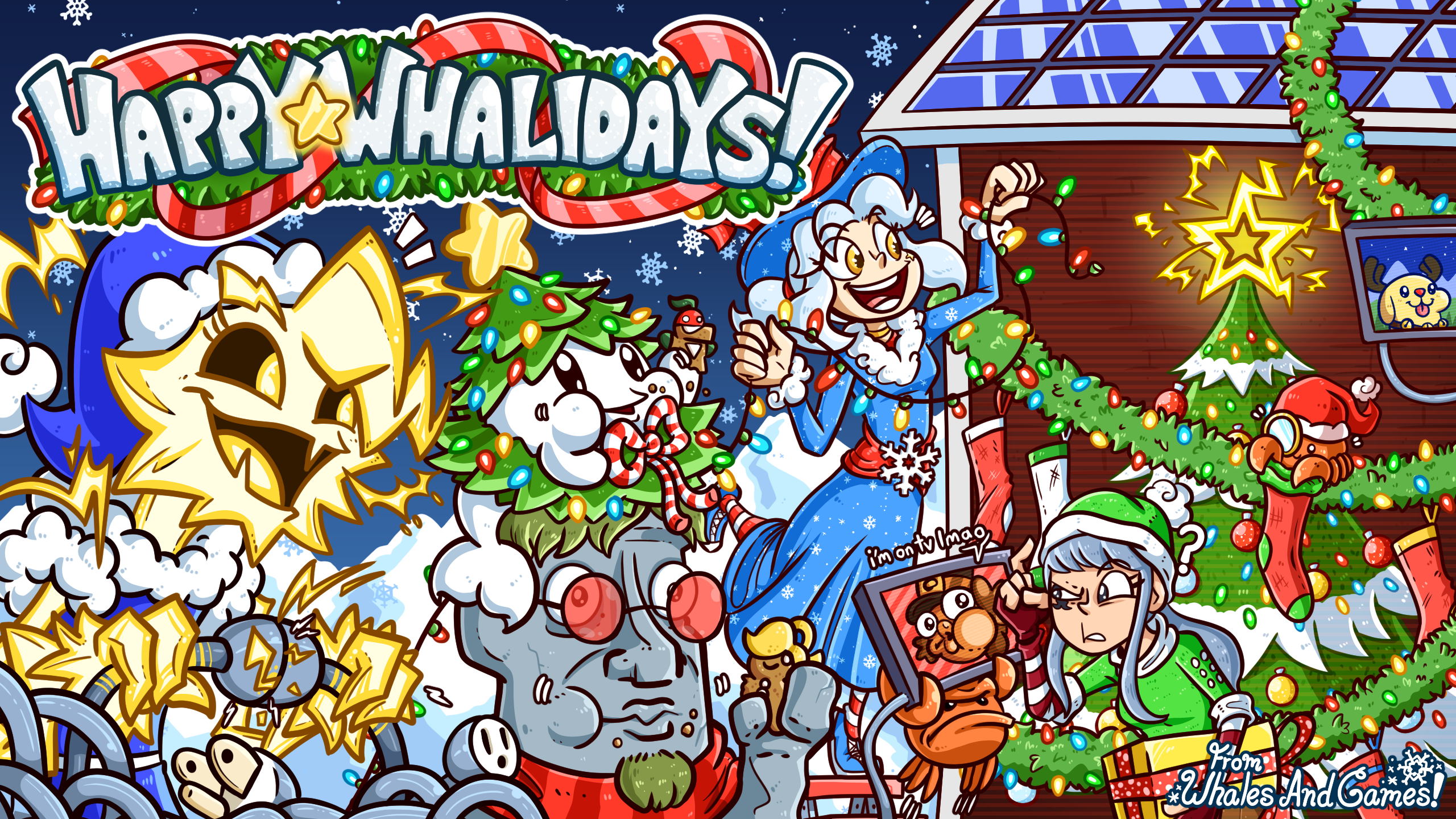 Whalechan and the crew helping Watt Zapp decorate Amperion for the Whalidays