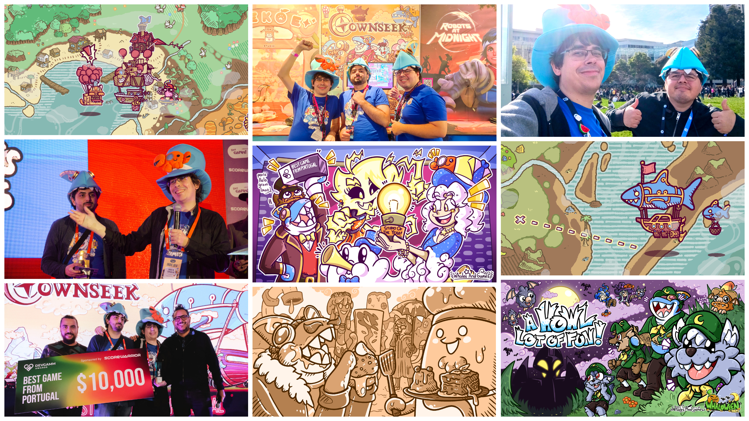 A collage of photos, artworks, and screenshots from this last year, between events, awards and season's greetings.

The first row starts with a screenshot of Townseek where the player's airship is close to a floating box with balloons. The second image is a photo of the team in front of our stand at gamescom. The third image is a photo of Moski and Jorge wearing studio-themed hats during GDC.

The second row starts with a photo of John and Jorge accepting the Spotlight Award for Studio of the Year, and is followed by an artwork celebrating both it and Best Game from Portugal at the DevGAMM Awards. The third image is another screenshot of Townseek showing the game's revamped mouse controls.

The third row starts with a photo of John and Jorge holding the award for Best Game from Portugal during the DevGAMM Awards. The second image is a screenshot of Townseek and a preview of one of the story segments of the game. The final image is the artwork celebrating the Halloween season of 2024.