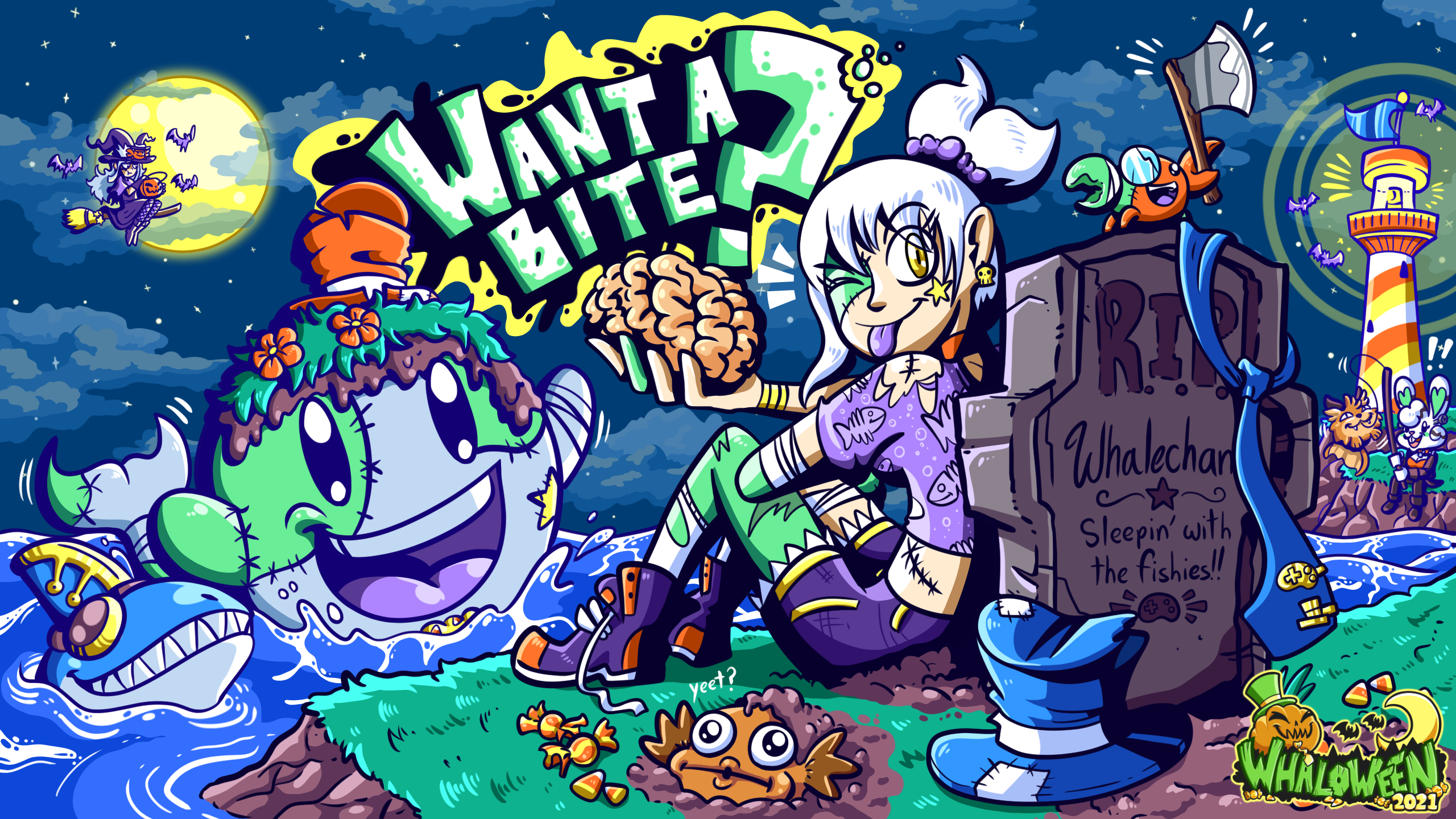 Whaloween is here! Whalechan and Polite have risen from their graves for snack time!