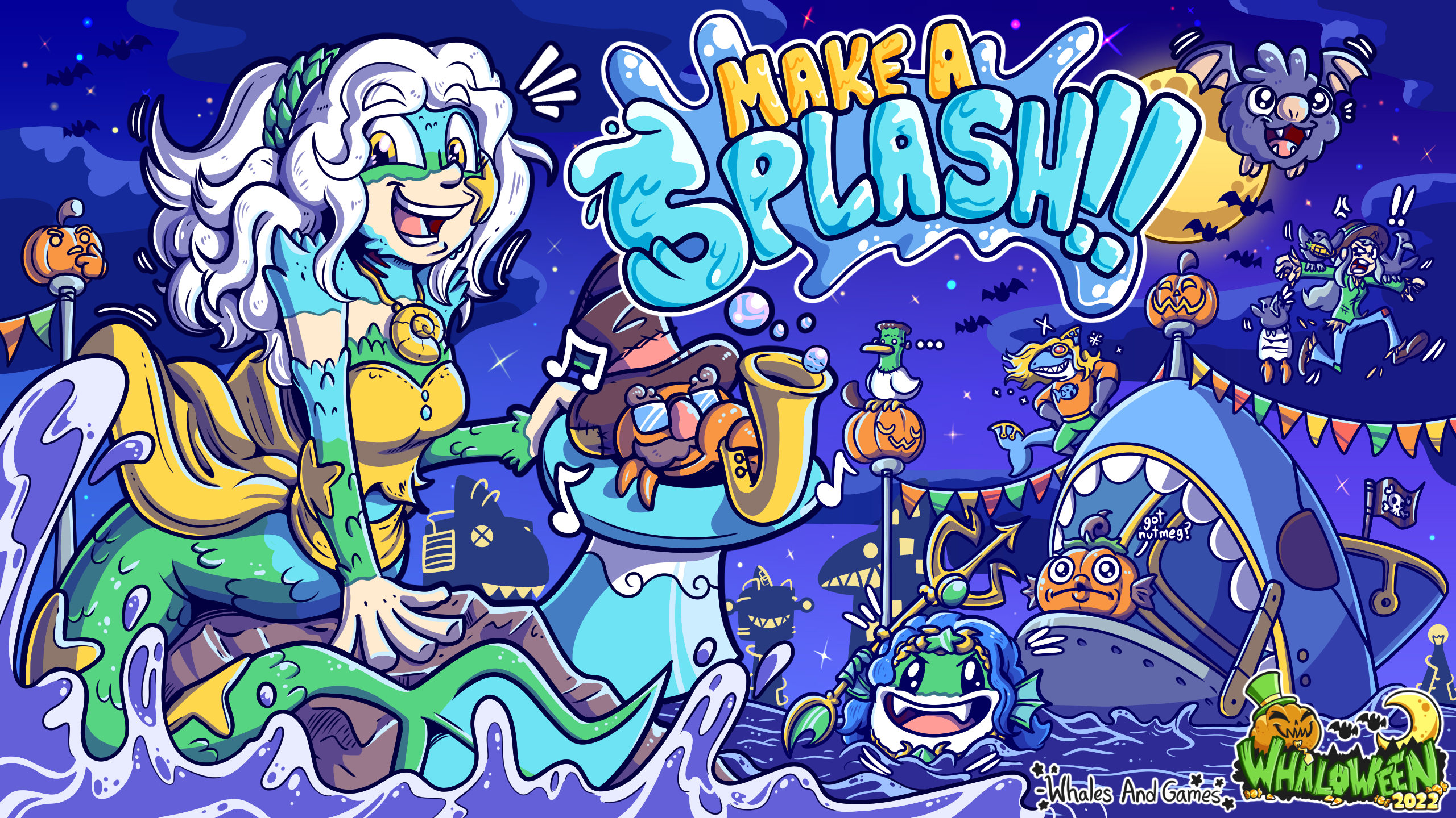 Main key-art for Whales And Games Halloween and Whaloween celebrations for 2022. The artwork features Whalechan, our mascot, transformed into a mermaid at night, with longer silver hair, gills, and several pieces of her skin being decorated with green and blue scales. She is holding her top-hat out where her mascot crab is playing a saxophone while wearing funny glasses. She is sitting next to a rock in the middle of the ocean, right to the Townseek town of Sharkdwell, which has had its lights decorated with various pumpkins and colourful banners. Next to the town, Polite Whale, our studio’s mascot is dressed-up as a triton, holding a trident and a menacing smile. In the background, a round bat can be seen, as well as Dapperchan, another Whales And Games character, dressed as a scarecrow being carried away by crows. The artwork has a big splash at the top reading “Make a splash!” rounding out this year’s theming.
