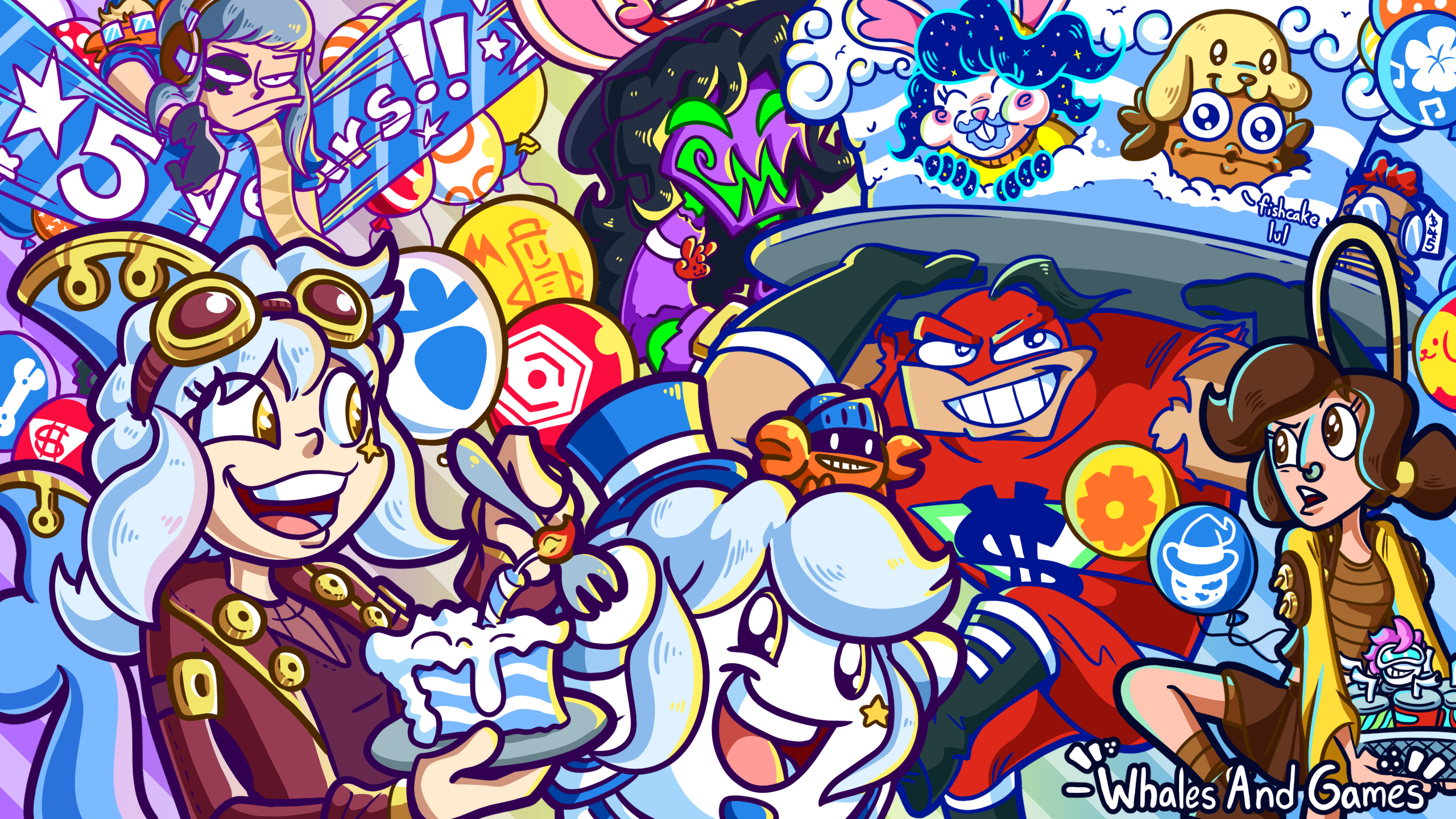 Happy 5th Anniversary, Whales And Games! Characters in the picture are dressed as different characters from the Whales And Games universe of games. Whalechan is dressed as Cptn. Jawline from Townseek, while Dapperchan is stuck on a banner reading 5 Years dressed as Arte from Art Fight Duel. Polite Whale is dressed as Whalechan's normal outfit, while Crabpin is standing on his head with Glade's Helmet from Colossorama. Glade is dressed as Monetisation Man from Super Sellout. Glade is holding a blue cake, which had Thothev from Vast Trivia of the Void dressed as Cheqmate from Whipped And Steamy, Buns Buns dressed as Astra from Starsnap, and Dapperfish as Hoop from Woofice Chair. Finally, Caffie from Whipped And Steamy is dressed as Jazzy from Jazzy Beats.