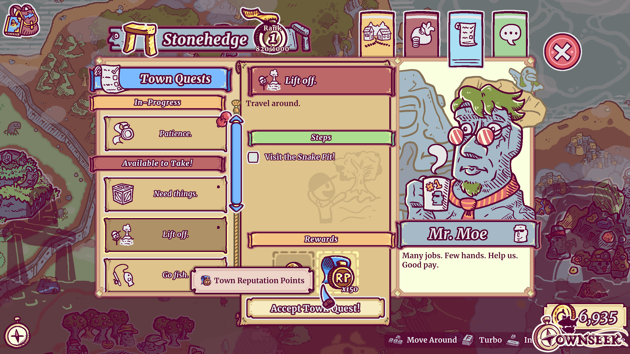 Town Quests provide you with various tasks provided to you by each town’s host! These are presented to you in the list to the left, and a set of steps and tasks on the right!