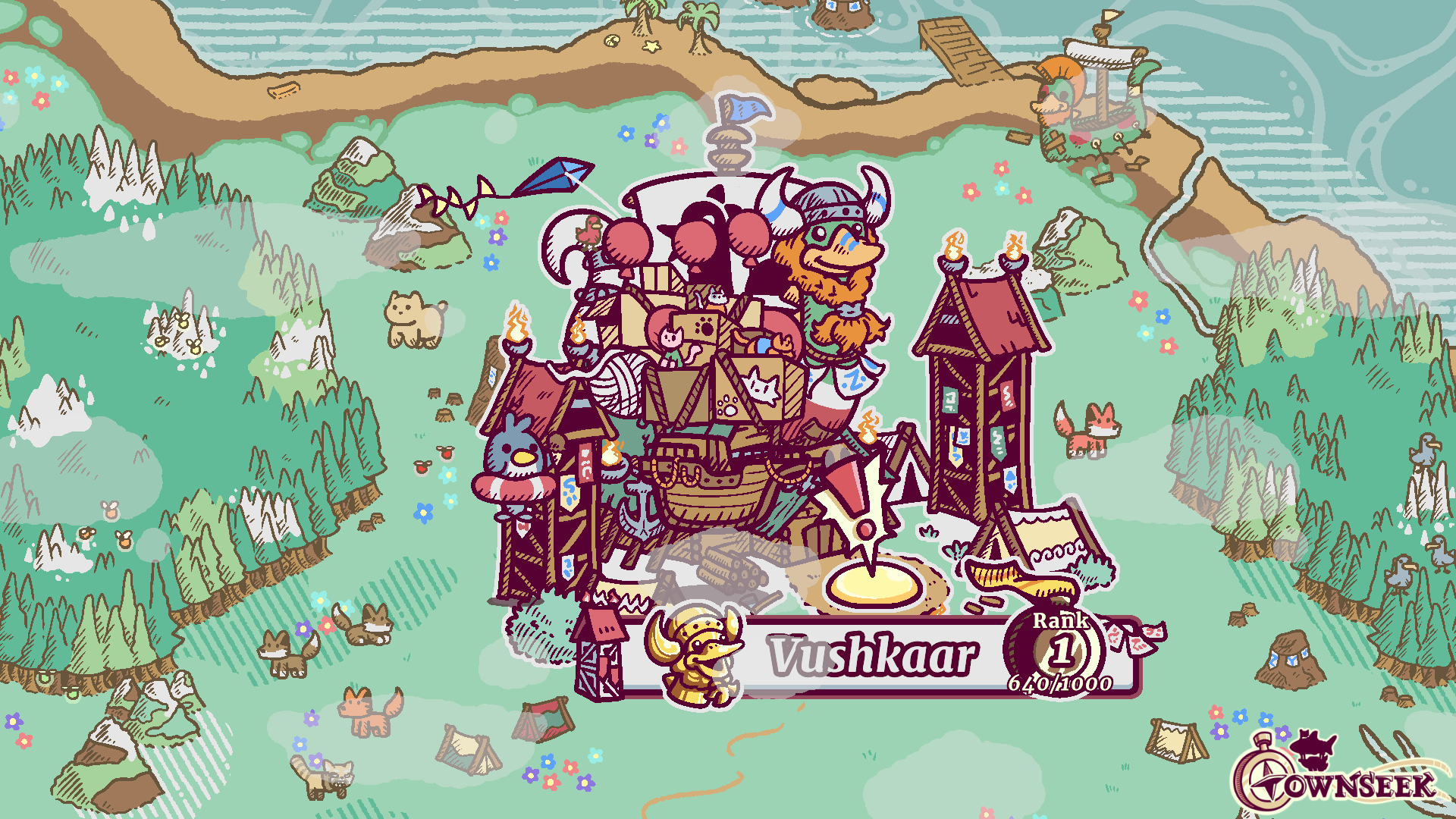 A screenshot of Townseek showing the new nomadic town of Vushkaar. The town appears to be a wood settlement with a duck-shapped decoration. Announced during Wholesome Direct.