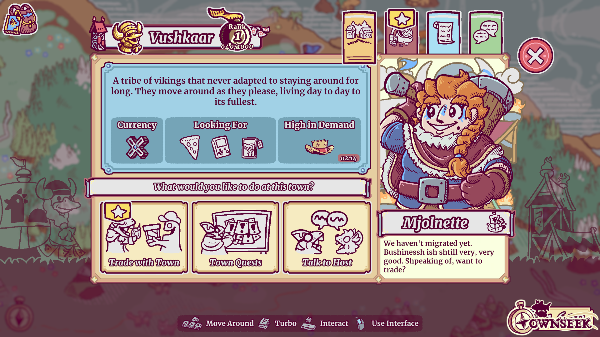 A screenshot of Townseek showing the new nomadic town of Vushkaar. In the town hub, the player is welcomes by Mjolnette, a strong women dwarf with orange hair and a big hammer. Announced during Wholesome Direct.