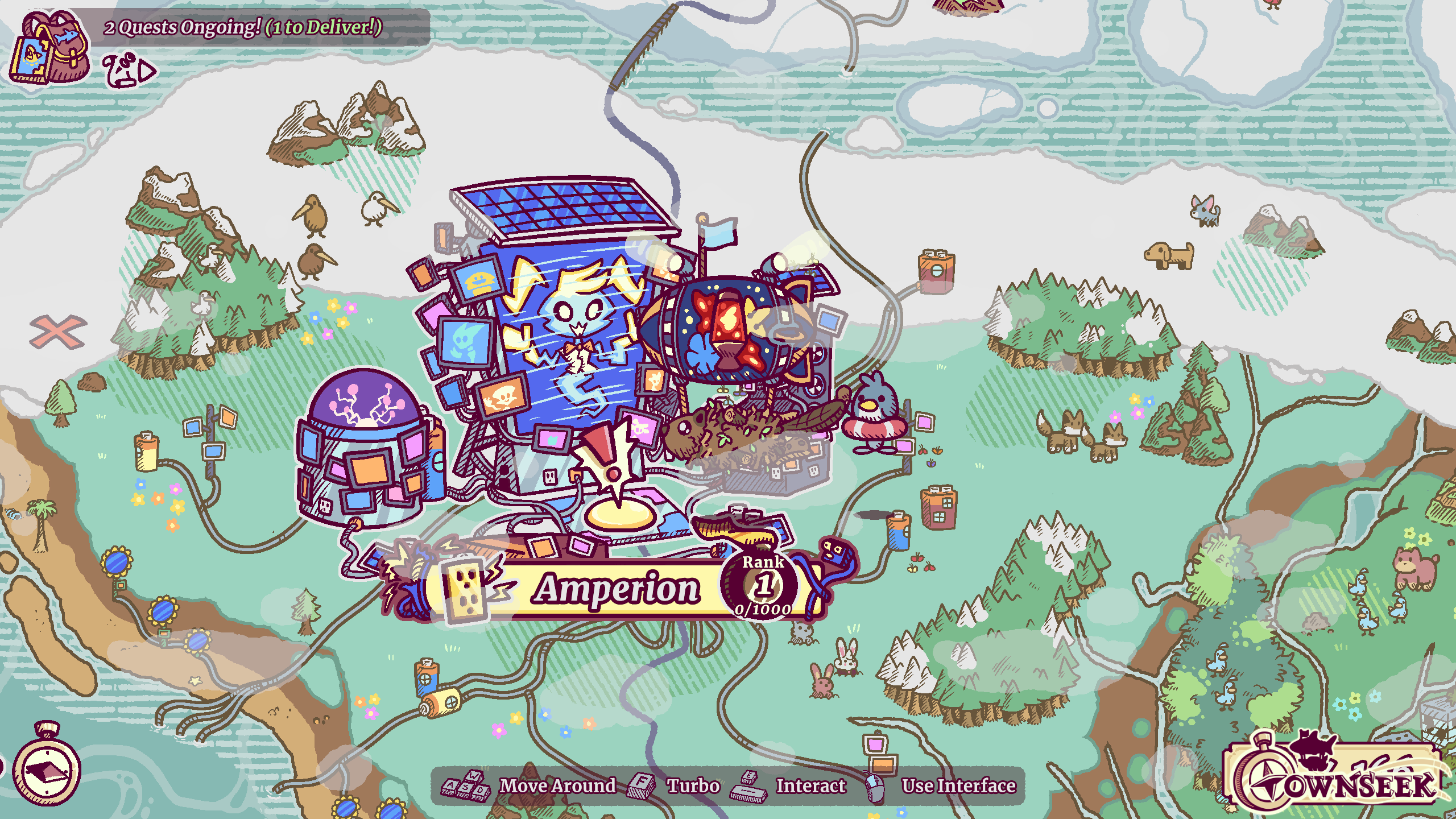 Screenshot of Townseek, featuring the town of Amperion. The town is near a glaciar area, and shows electrical beings spread around screens and multiple sockets.