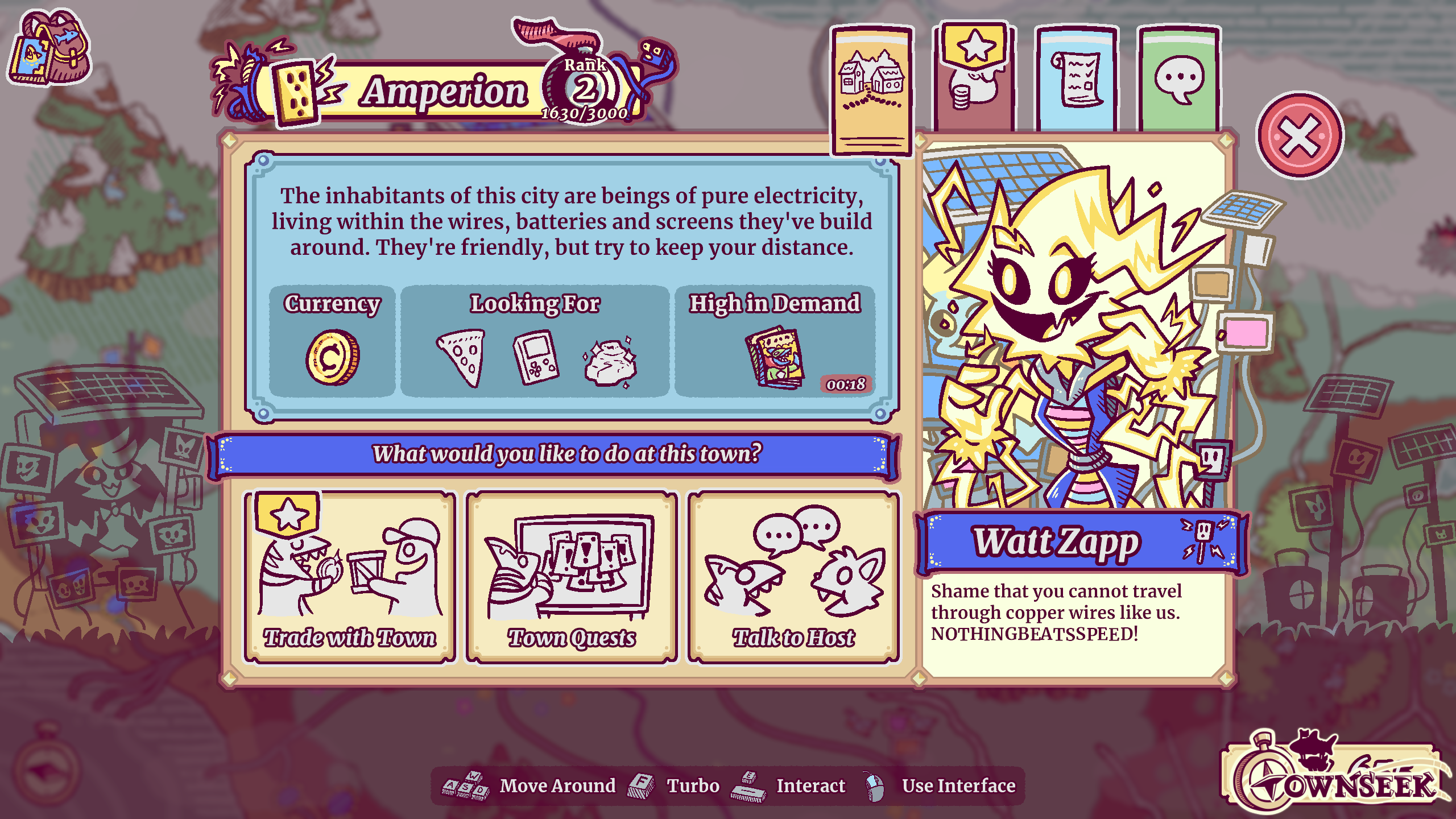 Screenshot of Townseek, featuring the town host of Amperion. The host is Watt Zapp, a sentient electric being!
