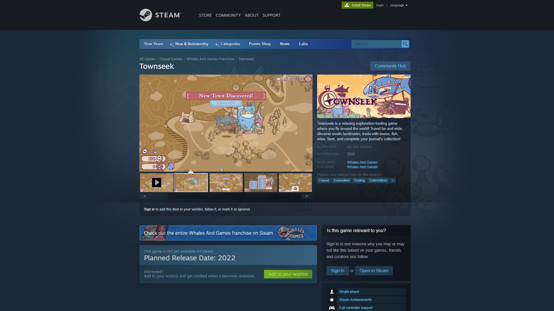 The steam page for Townseek